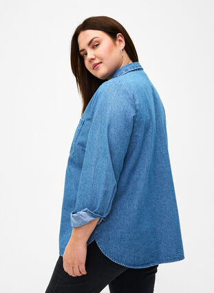 Blommig denimskjorta med bröstficka, Light Blue Denim, Model image number 1