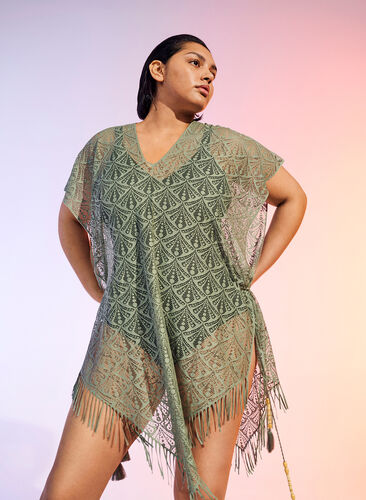 Kortärmad strandklänning med spets, Chinois Green, Image image number 0