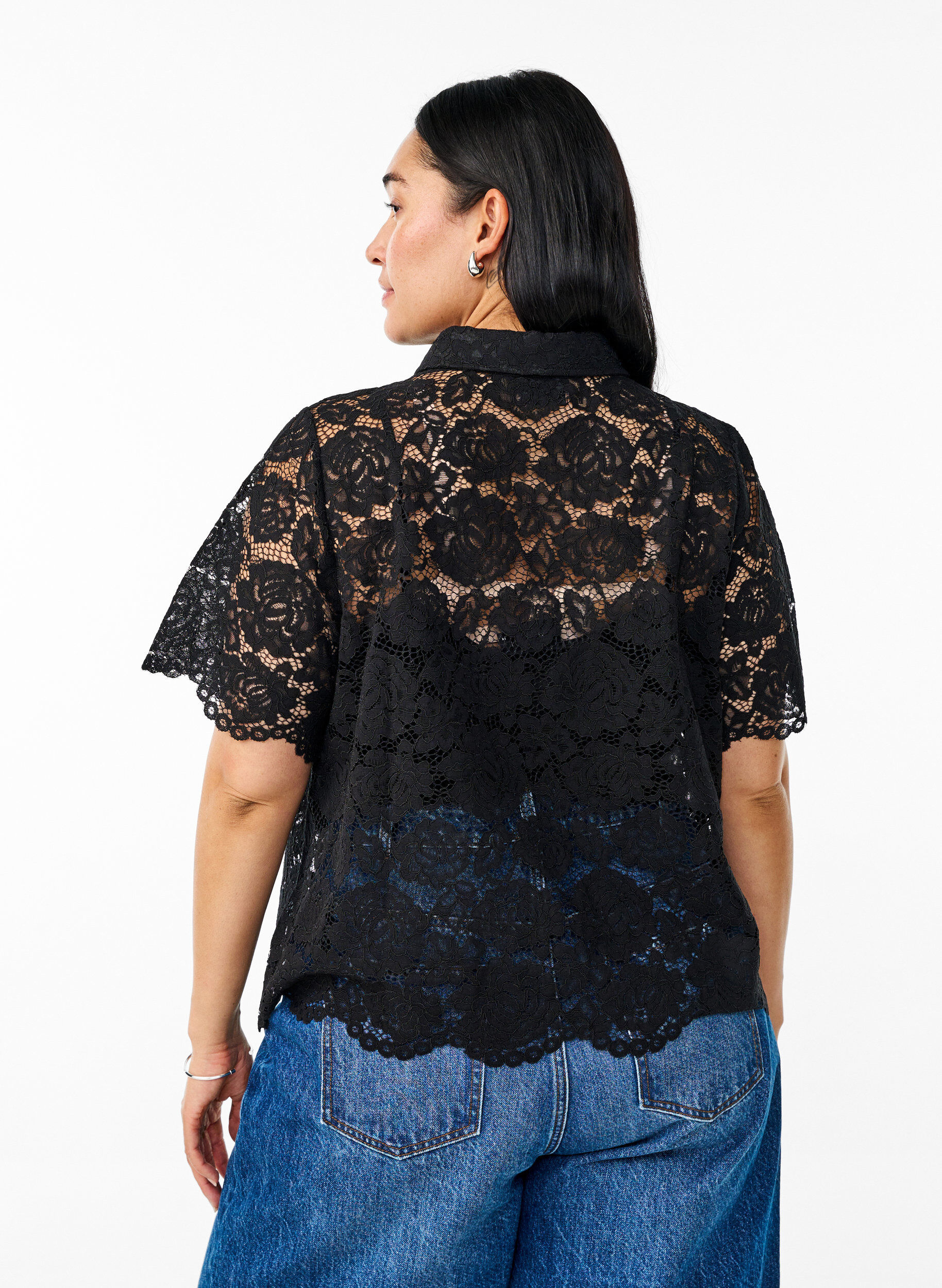 ZizziSpetsskjortsblus med p&auml;rlknappar, Svart, Model image number 2