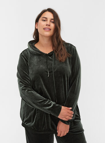 Sweatshirt i velour med huva och ficka, Forest Night, Model image number 0