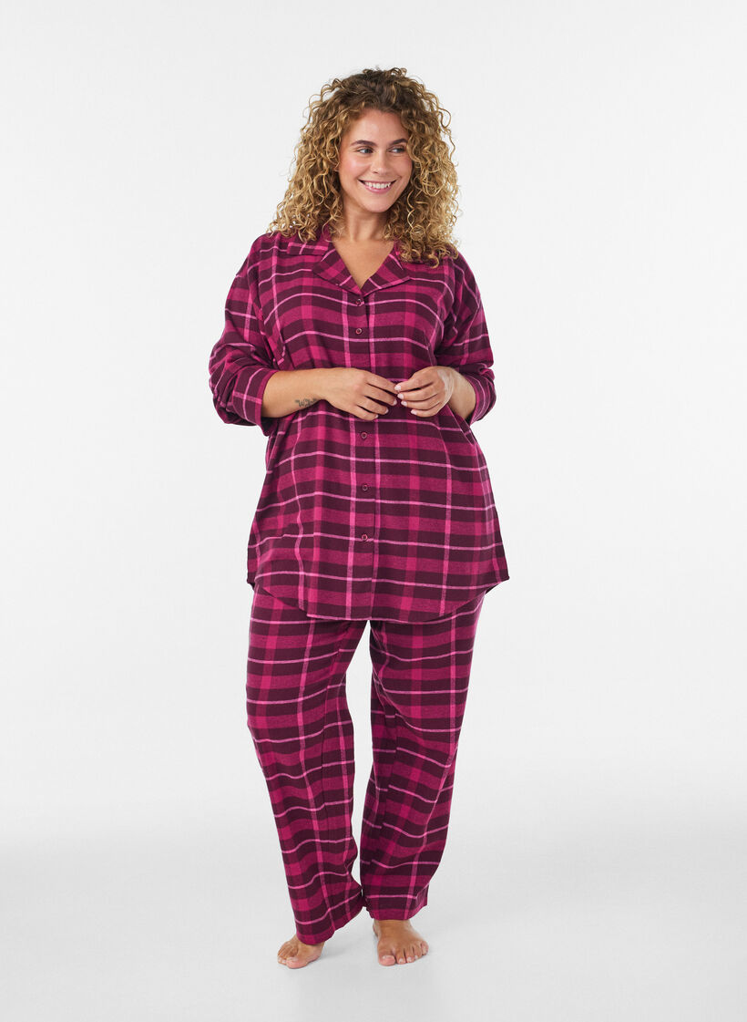 Rutig pyjamasskjorta i bomull med l&aring;nga &auml;rmar, R&ouml;d, Model image number 1