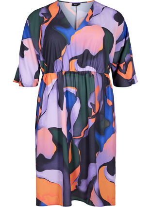 Färgglad klänning med v-ringad hals, Big Scale Print, Packshot image number 0