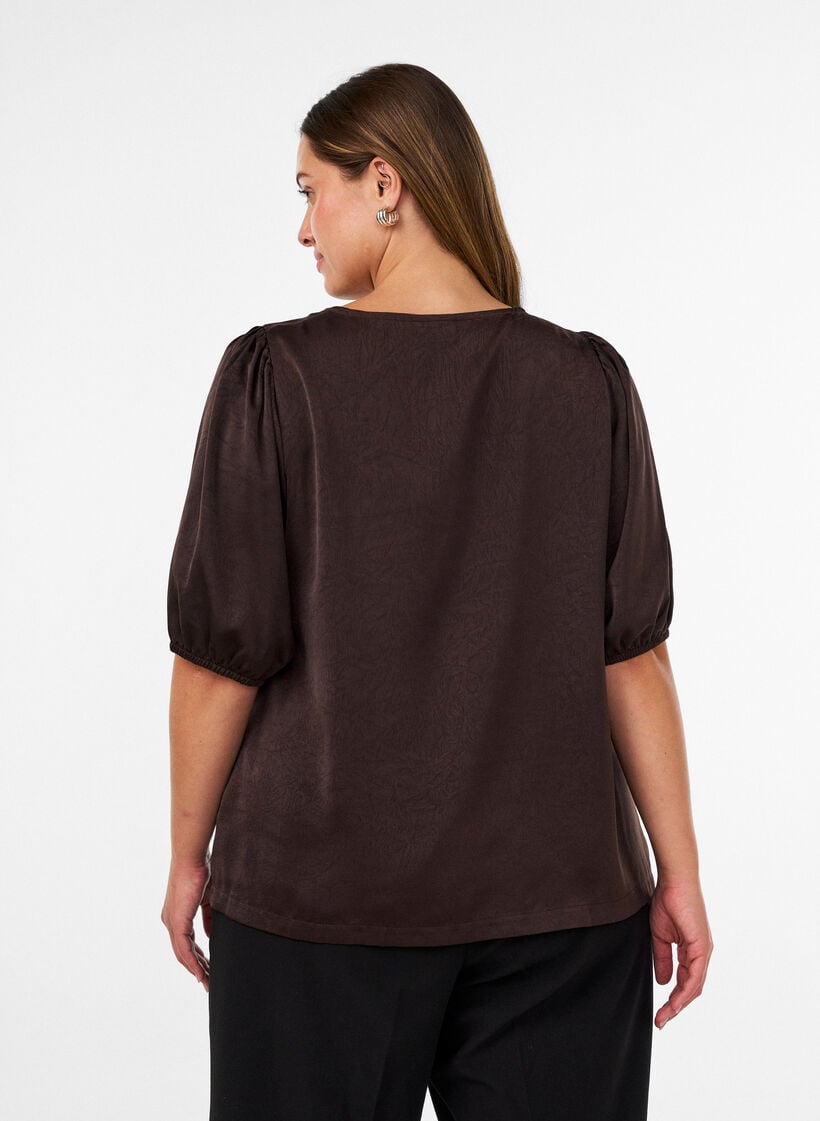 Blus i satin med rosetter och halvl&aring;nga &auml;rmar, Brun, Model image number 2