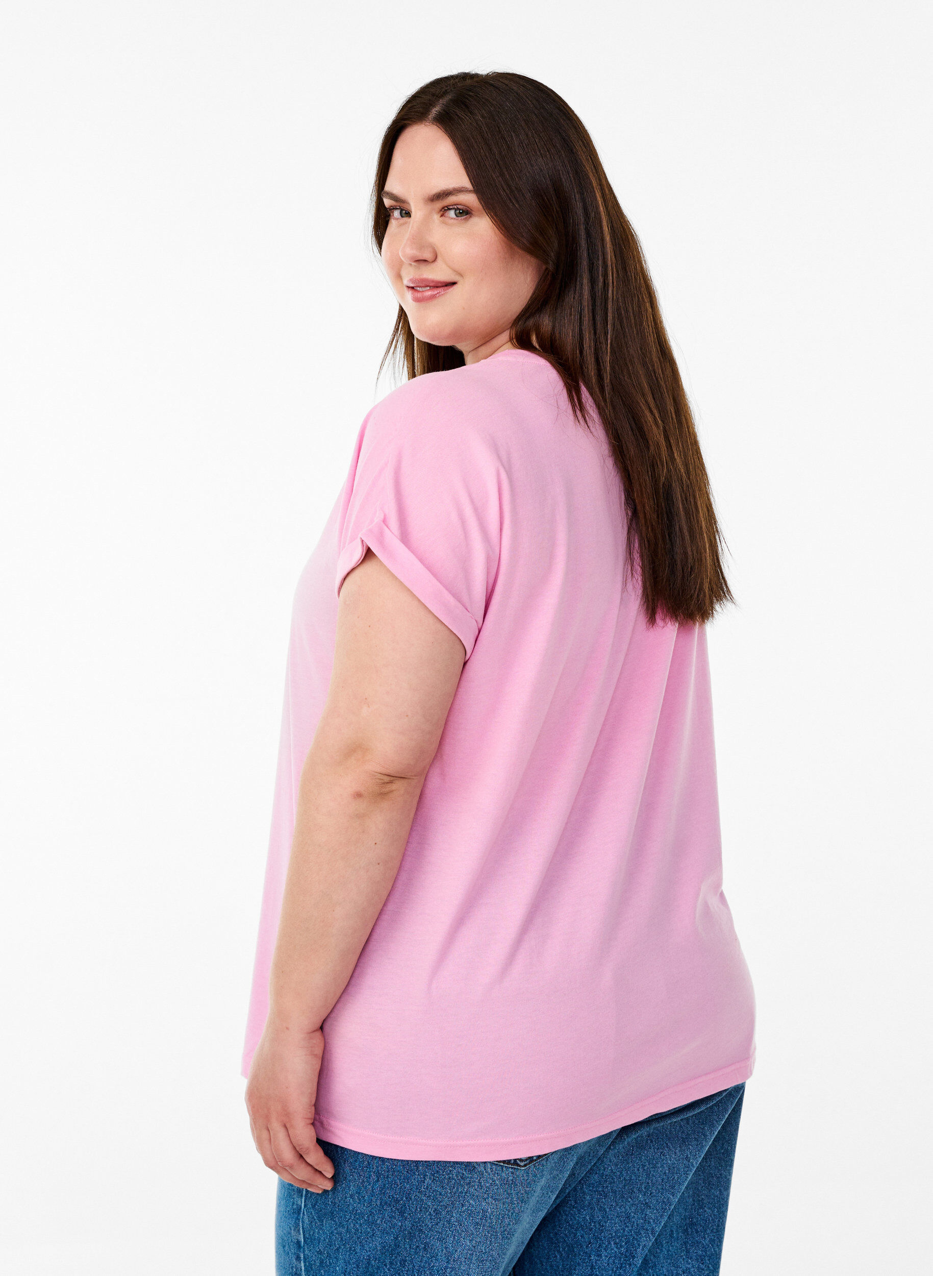 Zizzi Kort&auml;rmad t-shirt i bomullsmix, Rosa, Model image number 2