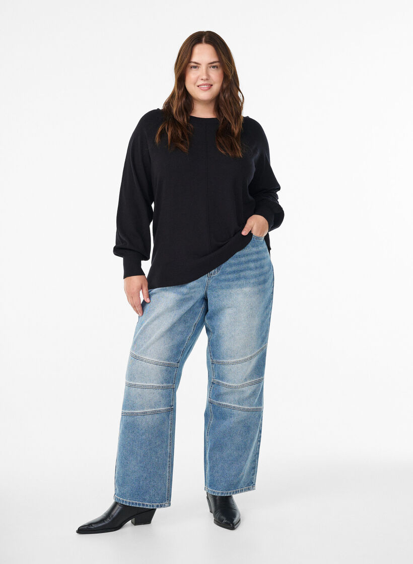 Stickad blus med mittsöm och raglanärmar, Svart, Model image number 1