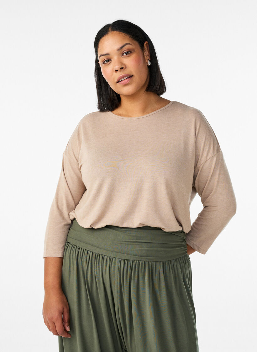 Jerseyblus med 3/4-&auml;rm, Beige, Model image number 0