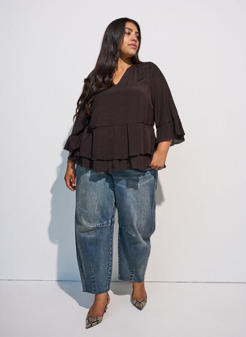 Blus med 3/4-&auml;rmar och volangdetaljer, Brun, Model image number 1