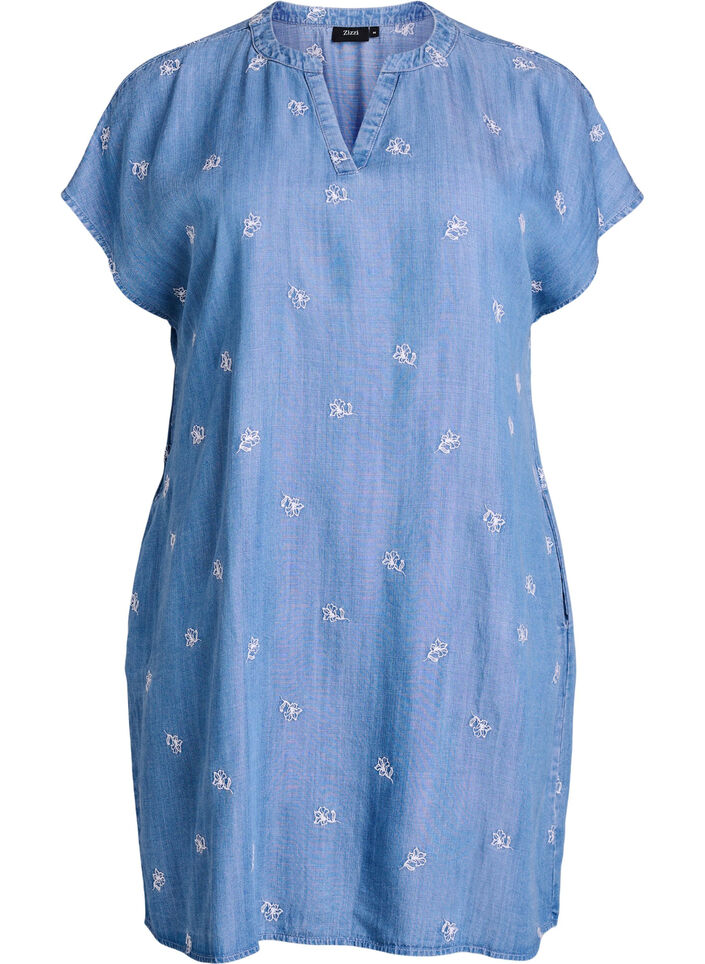 Kl&auml;nning i lyocell med denimlook och broderade blommor, Bl&aring;, Packshot image number 0