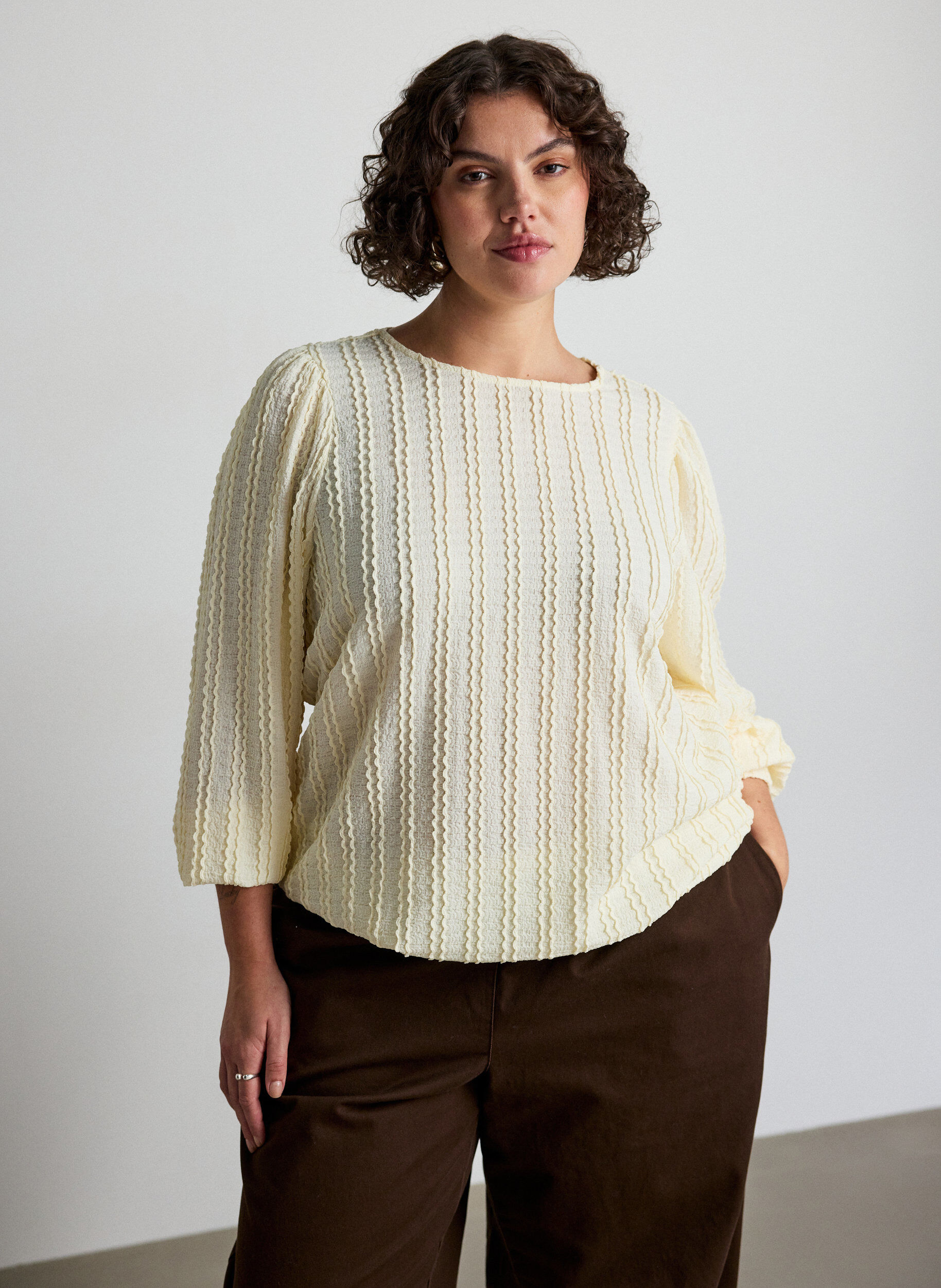 ZizziJerseyblus med struktur och ballongsilhuett, Vanilla, Model image number 0