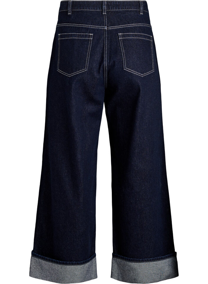 Jeans i bred passform med breda uppvik och kontrasts&ouml;mmar, Bl&aring;, Packshot image number 1