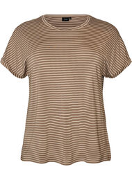 Randig t-shirt i viskos med rund halsringning, Beige
