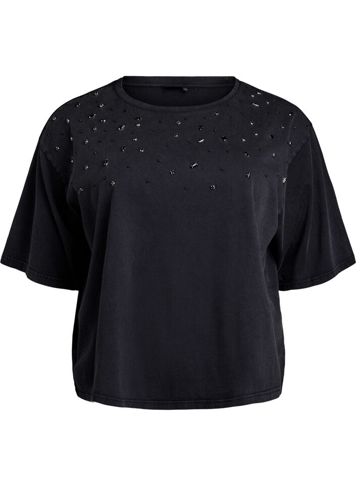 Boxig t-shirt med pärlor och strass, Grå, Packshot image number 0