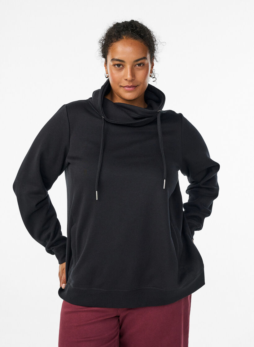 Sweatshirt med h&ouml;g krage och fickor, Svart, Model image number 0