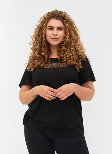 T-shirt i bomull med spets, Black, Model image number 0