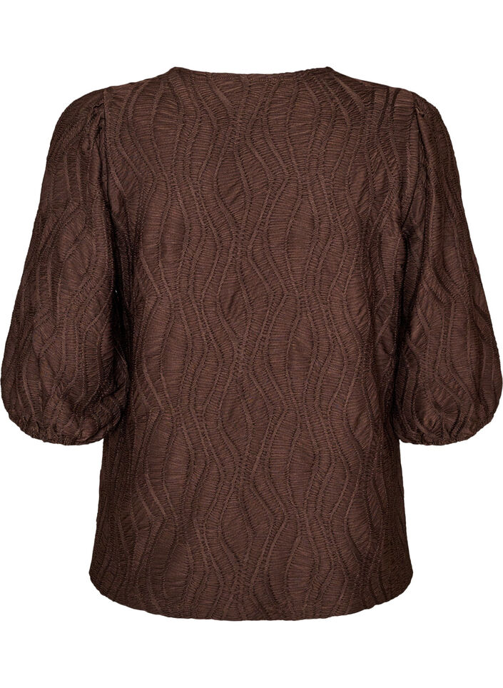 Blus med struktur och 3/4-&auml;rmar, Brun, Packshot image number 1