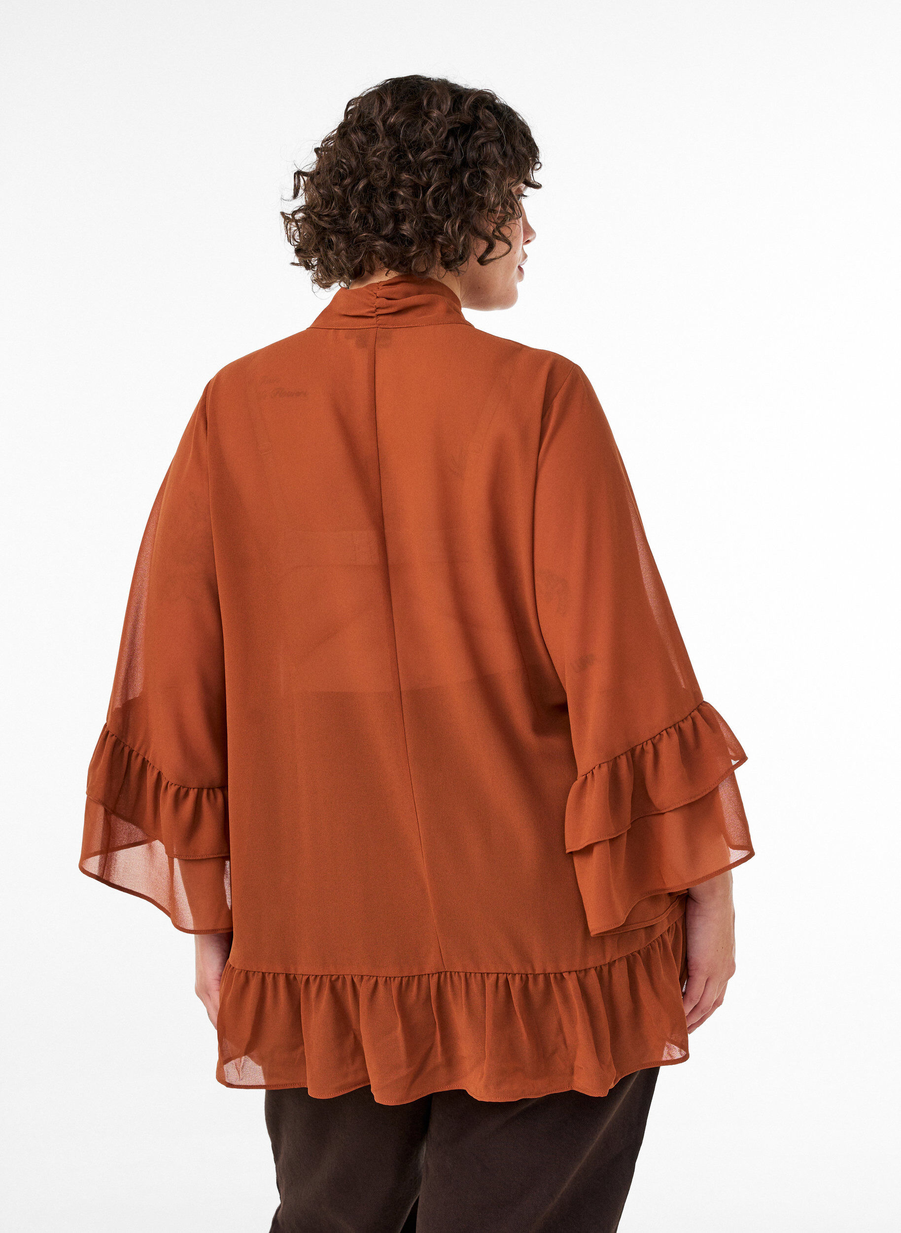 ZizziBlus med knytband och volangdetaljer, Brun, Model image number 2