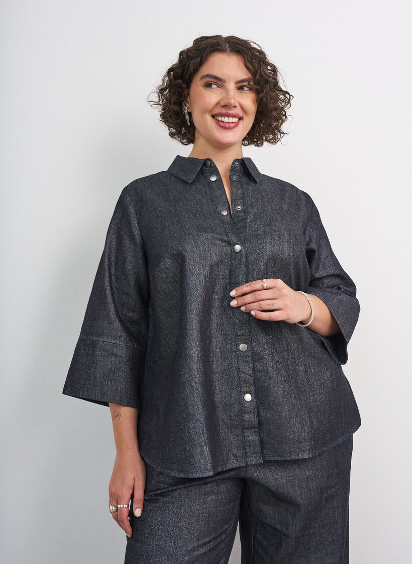 Jeansskjorta med glittertr&aring;d och 3/4-&auml;rmar, Gr&aring;, Model image number 0