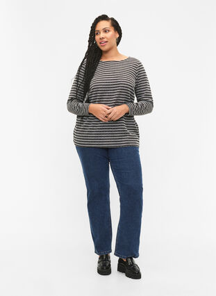 Rundhalsad blus med randigt mönster, Black Stripe, Model image number 2