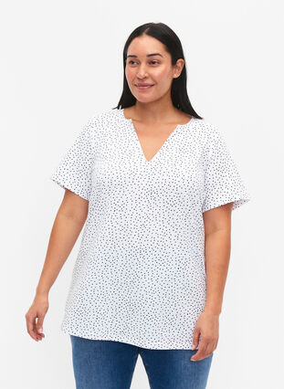 Bomulls t-shirt med prickar och v-ringning, B.White/Black Dot, Model image number 0