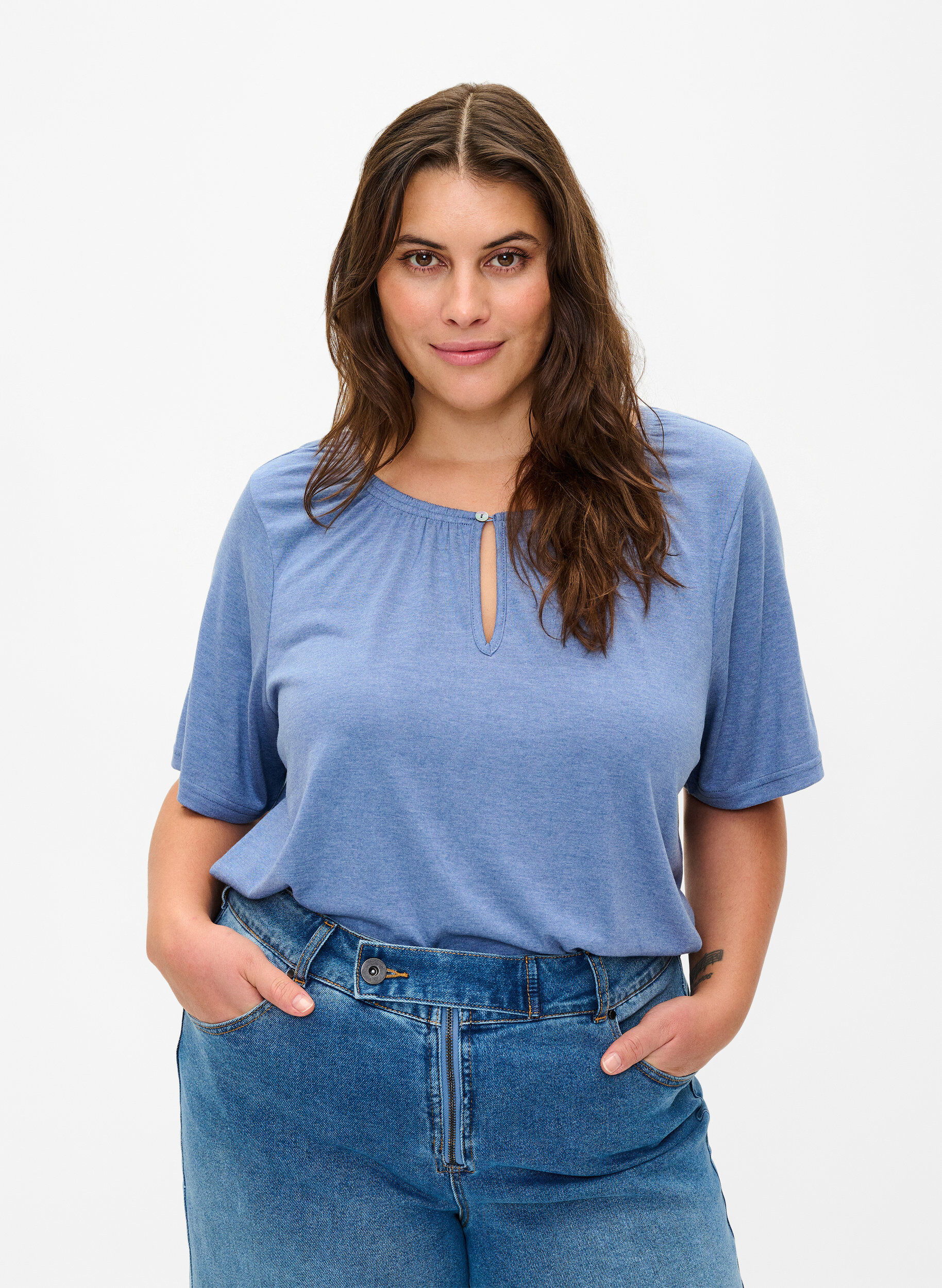 Zizzi Melange blus med korta &auml;rmar, Moonlight Blue Mel., Model image number 0