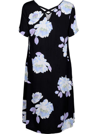 Blommig klänning i viskos med korta ärmar, Black Big Flower AOP, Packshot image number 1