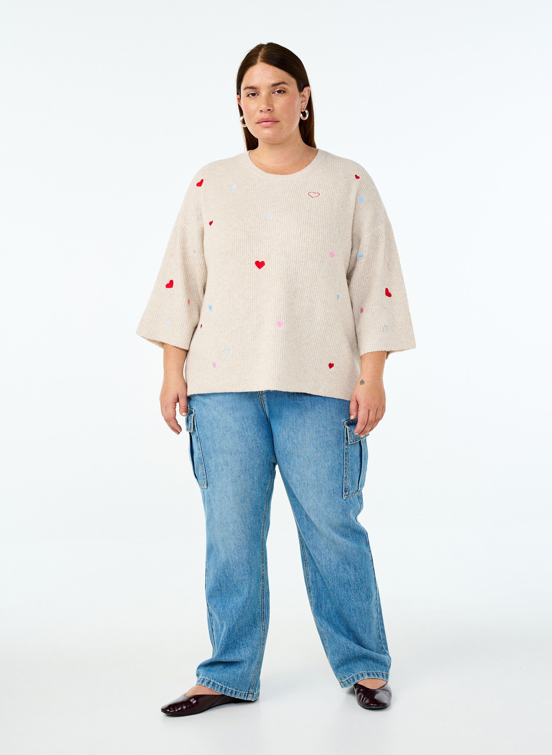 ZizziStickad blus med hj&auml;rtan och 3/4-&auml;rmar, Beige, Model image number 1