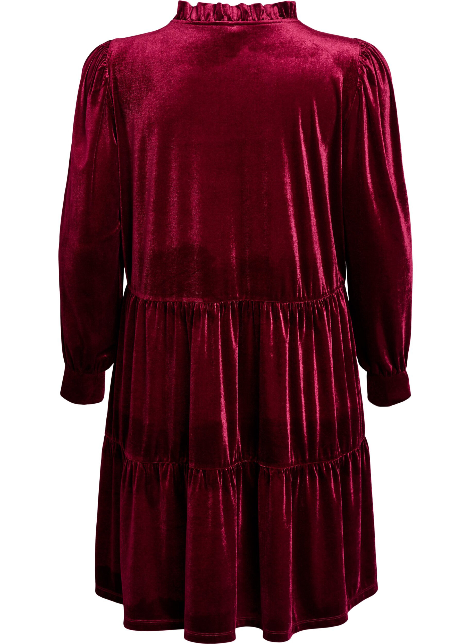 ZizziKort kl&auml;nning i velour med volangkrage och l&aring;nga &auml;rmar, R&ouml;d, Packshot image number 1