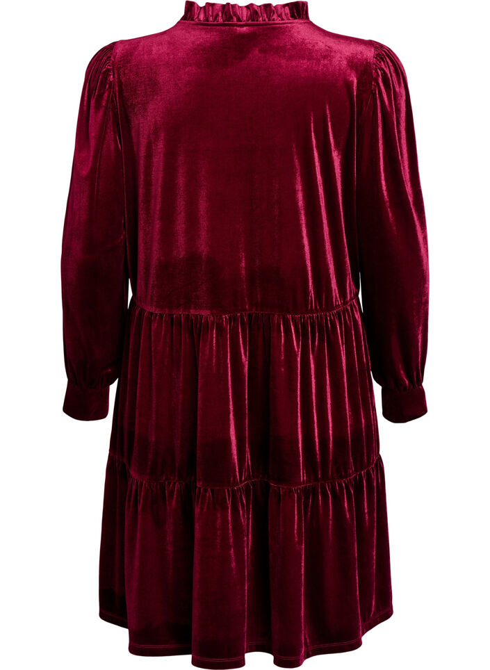Kort kl&auml;nning i velour med volangkrage och l&aring;nga &auml;rmar, R&ouml;d, Packshot image number 1