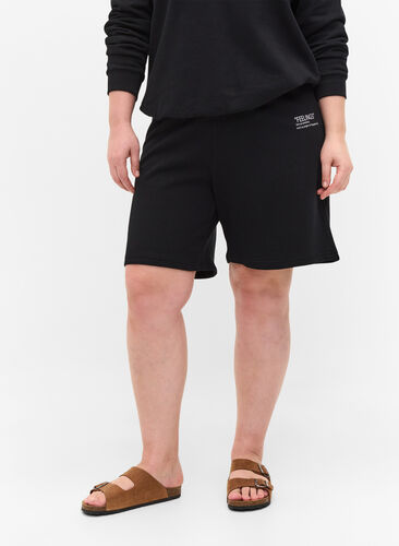 Shorts i sweatshirtmaterial med texttryck, Black, Model image number 1