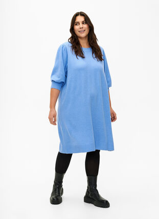 Stickad klänning med trekvarts puffärmar, Blue B. /White Mel., Model image number 2