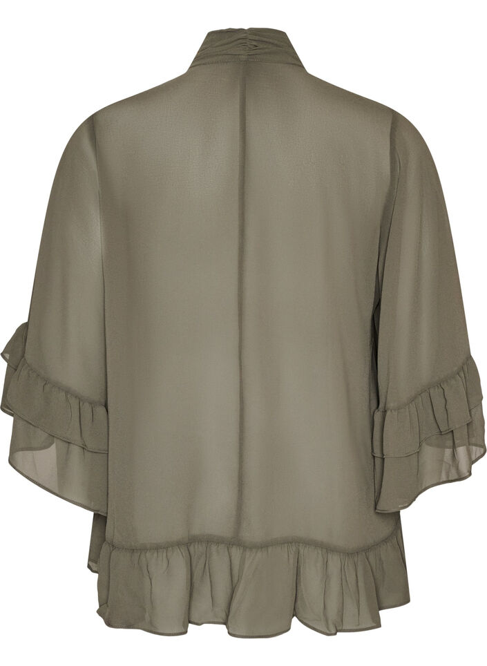 Blus med knytband och volangdetaljer, Gr&aring;, Packshot image number 1