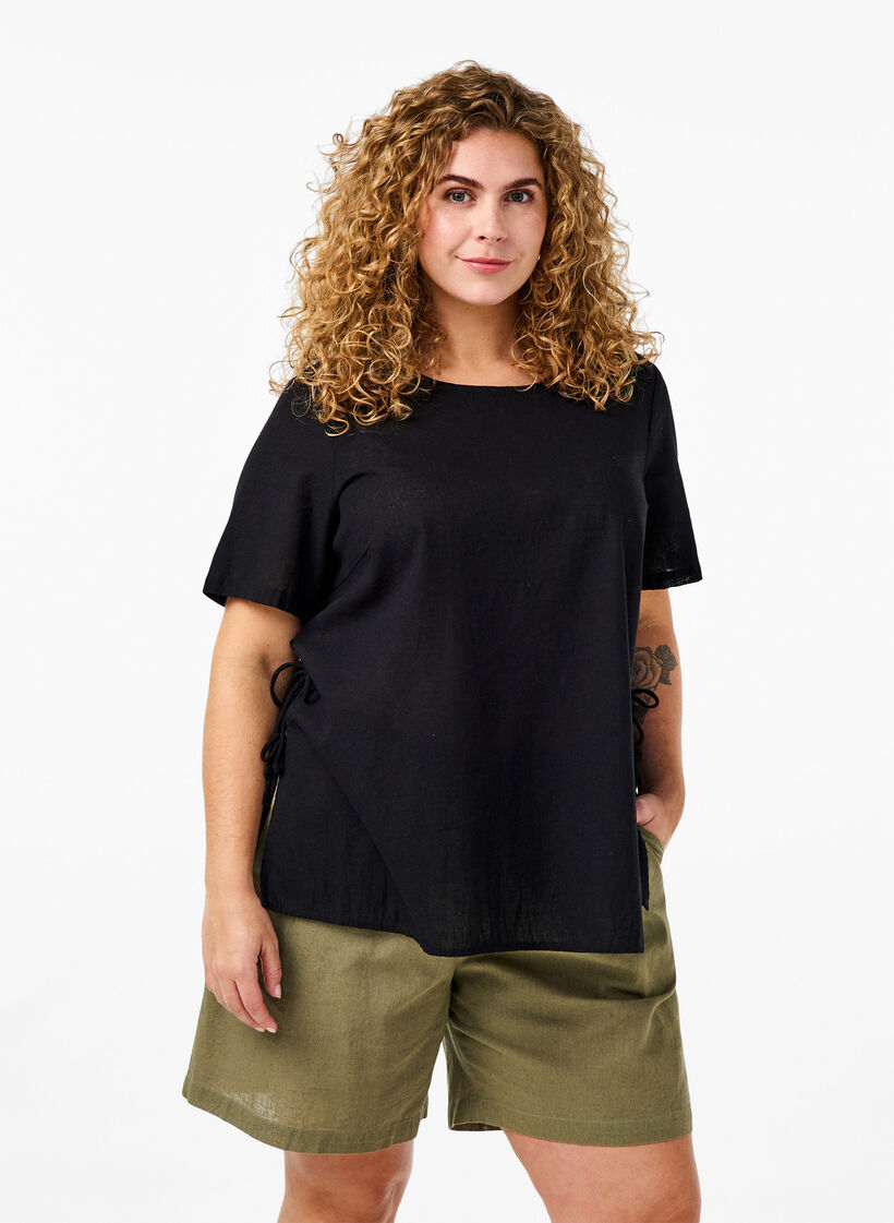 Lösa shorts i bomulls- och linneblandning, Deep Lichen Green, Model image number 0