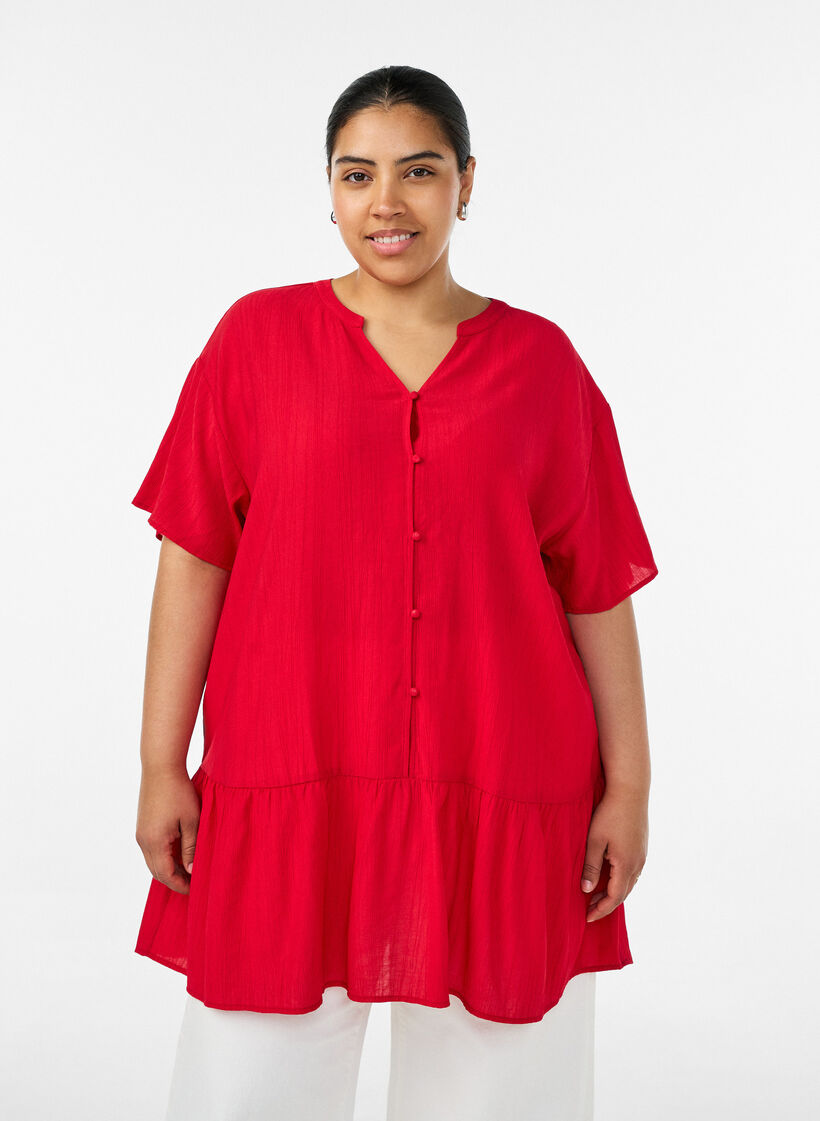 L&ouml;s tunika med krinklad textur och volangkant, R&ouml;d, Model image number 0