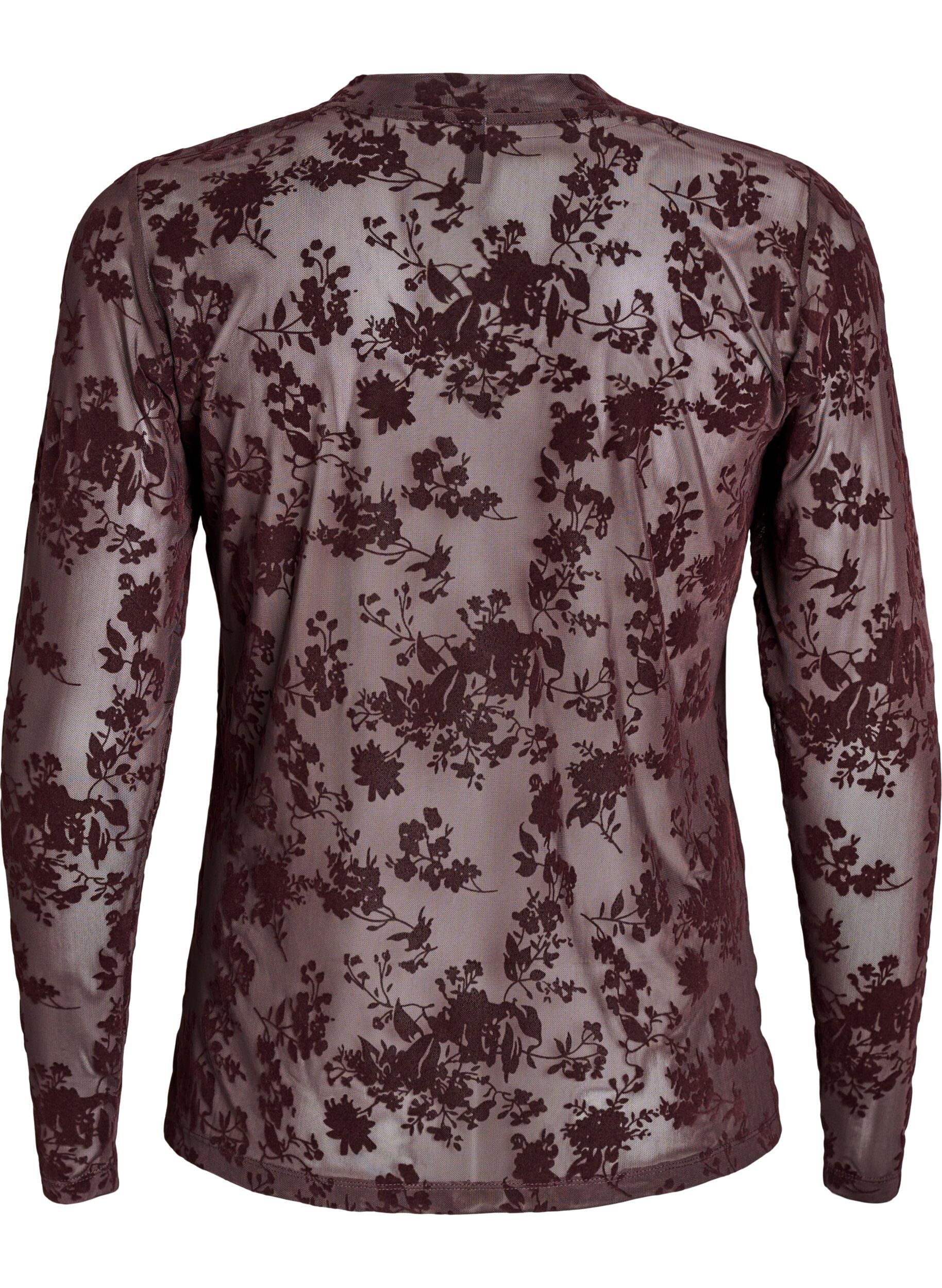 Zizzi Blus i mesh med blommigt m&ouml;nster, Brun, Packshot image number 1