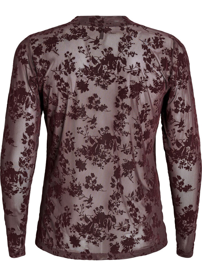 Blus i mesh med blommigt mönster, Brun, Packshot image number 1