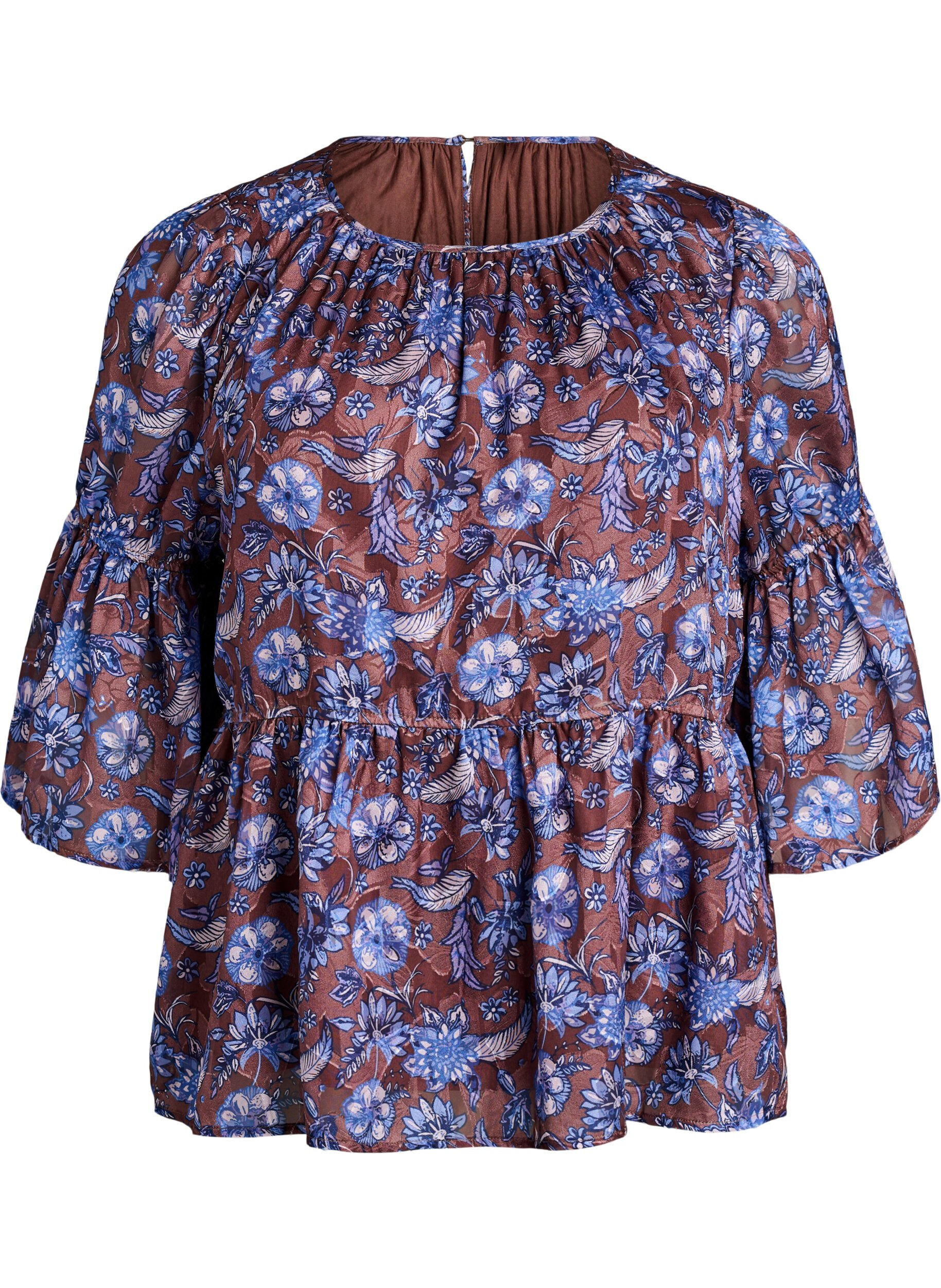 ZizziBlommig blus med volang&auml;rmar, Brun, Packshot image number 0
