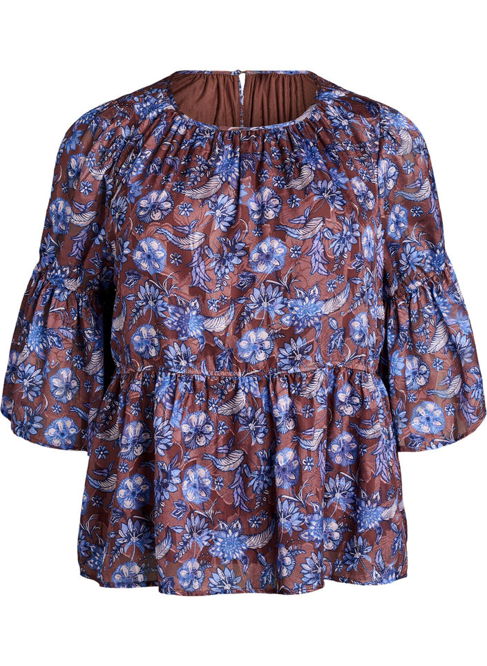 Blommig blus med volang&auml;rmar, Brun, Packshot image number 0