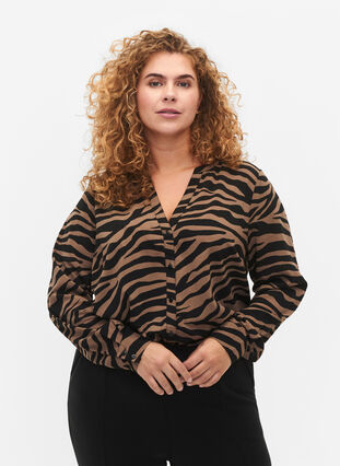 V-ringad skjorta med zebramönster, Black/Brown Zebra, Model image number 0