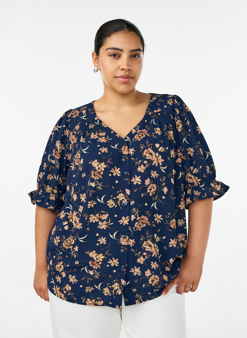 Skjortblus med halvl&aring;nga &auml;rmar, Bl&aring;, Model image number 0