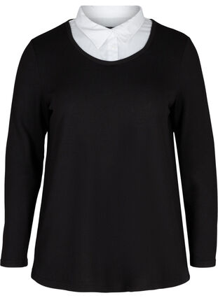 Enfärgad tröja med långa ärmar och skjortkrage, Black, Packshot image number 0