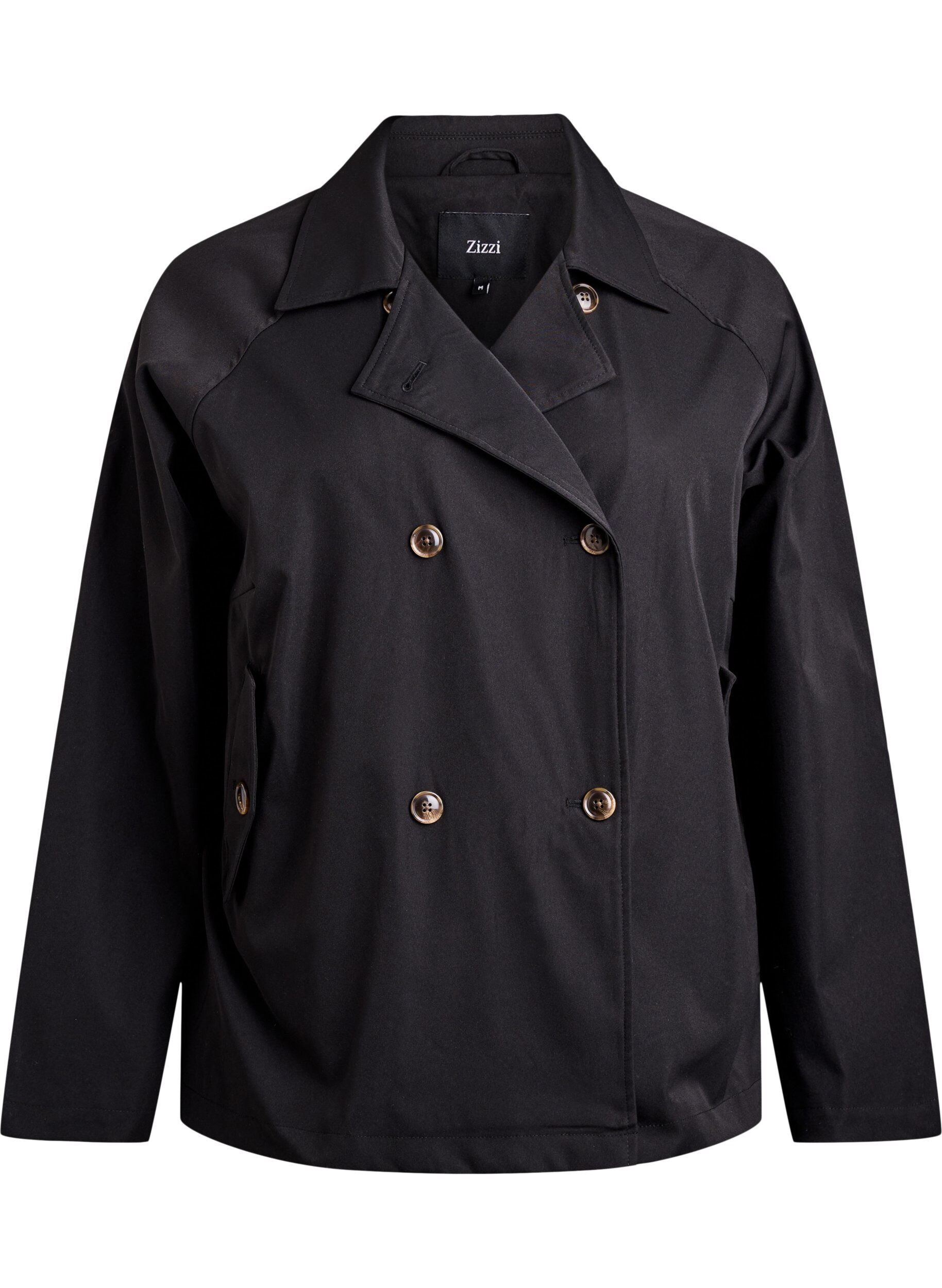 Zizzi Kort trenchcoat med fickor, Svart, Packshot image number 0