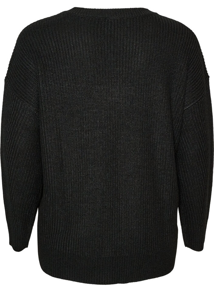 L&aring;ng ribbstickad blus med V-ringning, Svart, Packshot image number 1