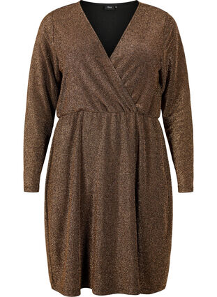 Glitterklänning med omlott och långa ärmar, Black Copper, Packshot image number 0
