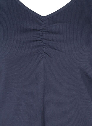Ribbad blus i bomull med v-ringning och rynkad effekt, Navy Blazer, Packshot image number 2