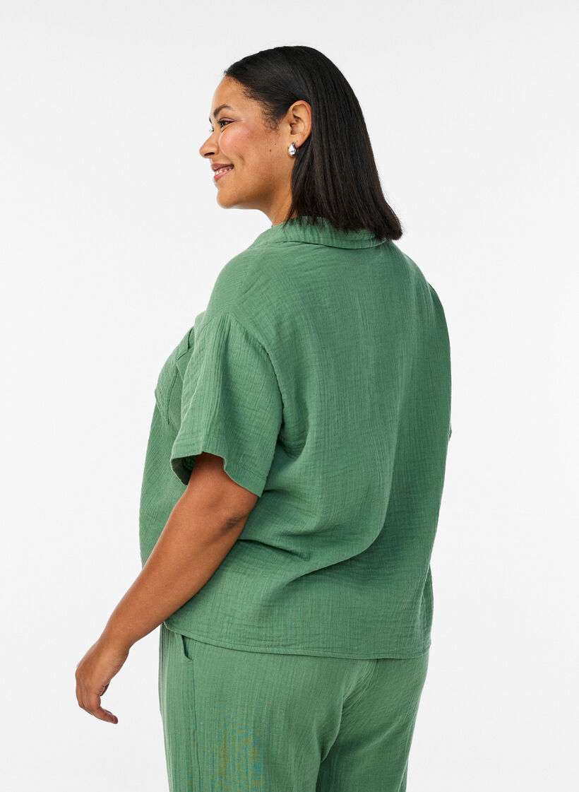 Blus i bomullsmuslin med korta &auml;rmar, Gr&ouml;n, Model image number 2