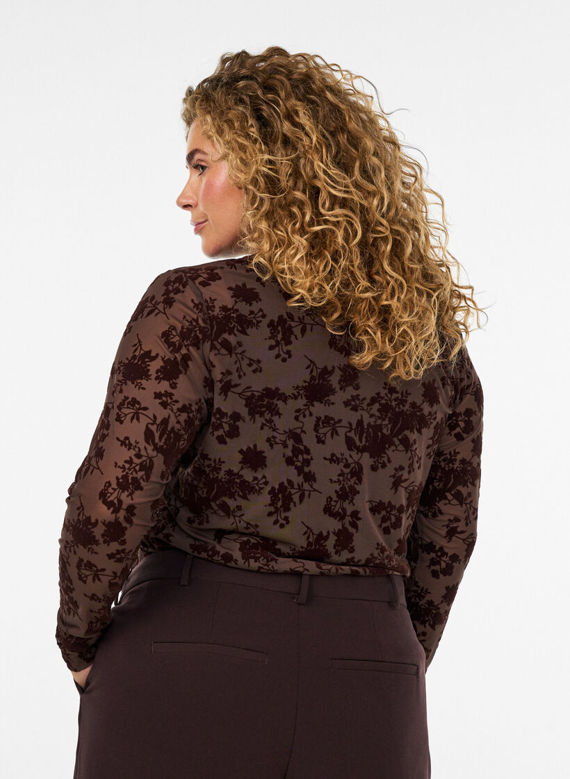 Blus i mesh med blomm&ouml;nster, Brun, Model image number 2