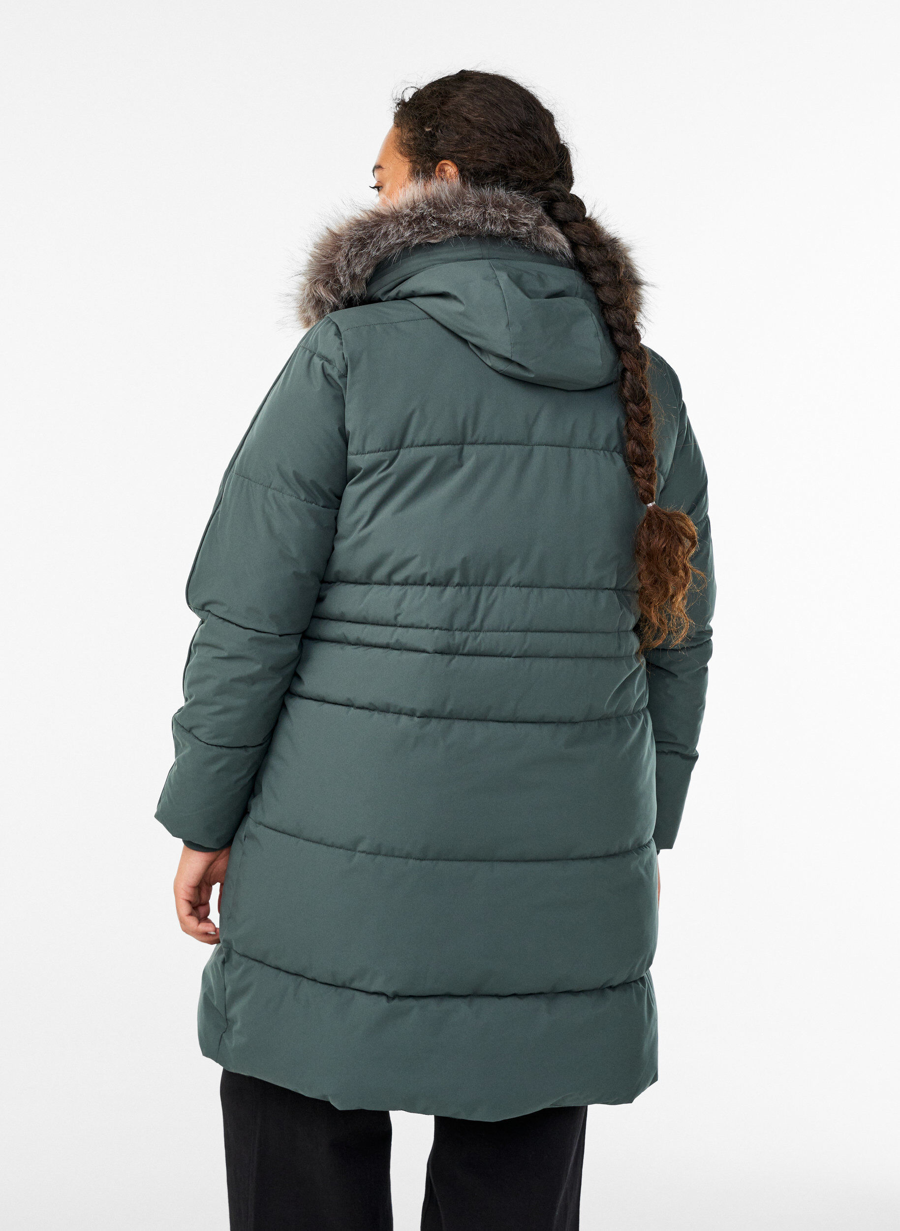 Zizzi Vattenavvisande parkas med krage i fuskp&auml;ls, Gr&ouml;n, Model image number 2
