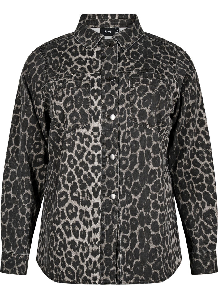 Jeansblus med leopardmönster och knappar, Grå, Packshot image number 0