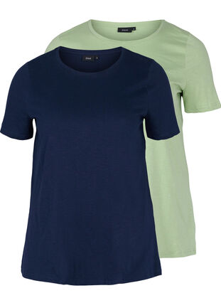 2-pack kortärmade t-shirtar i bomull, Navy B/Reseda, Packshot image number 0