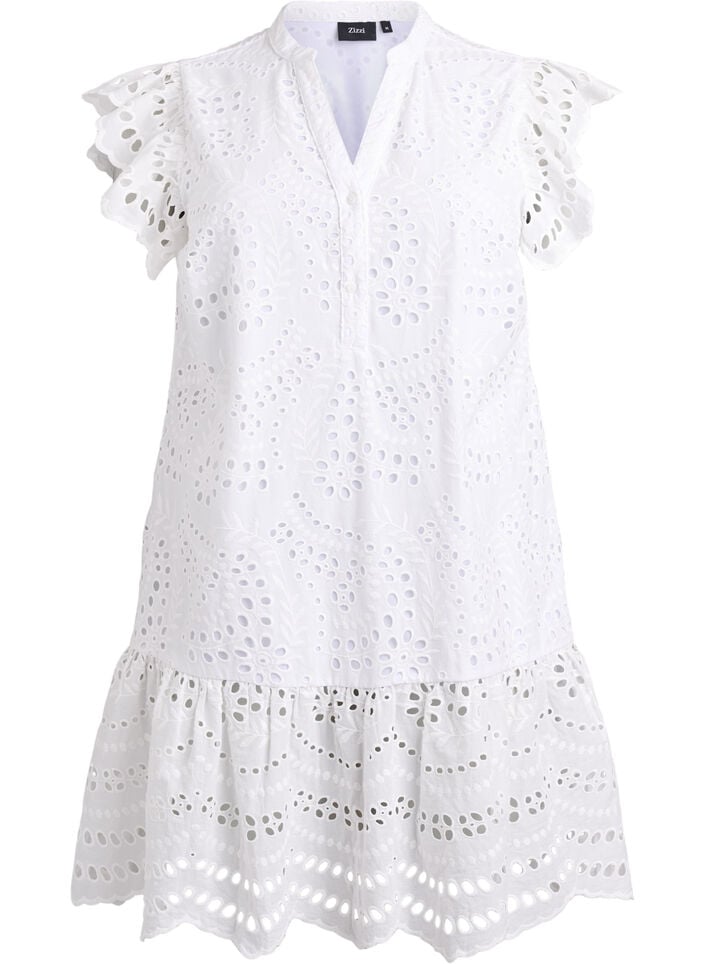 Kl&auml;nning i broderie anglaise med volang&auml;rmar, Vit, Packshot image number 0